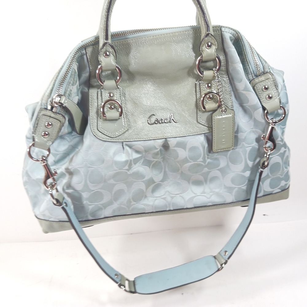 Coach Ashley Signature Satchel Light Blue Jacquard Patent Leather Bag F15440 - Picture 10 of 12